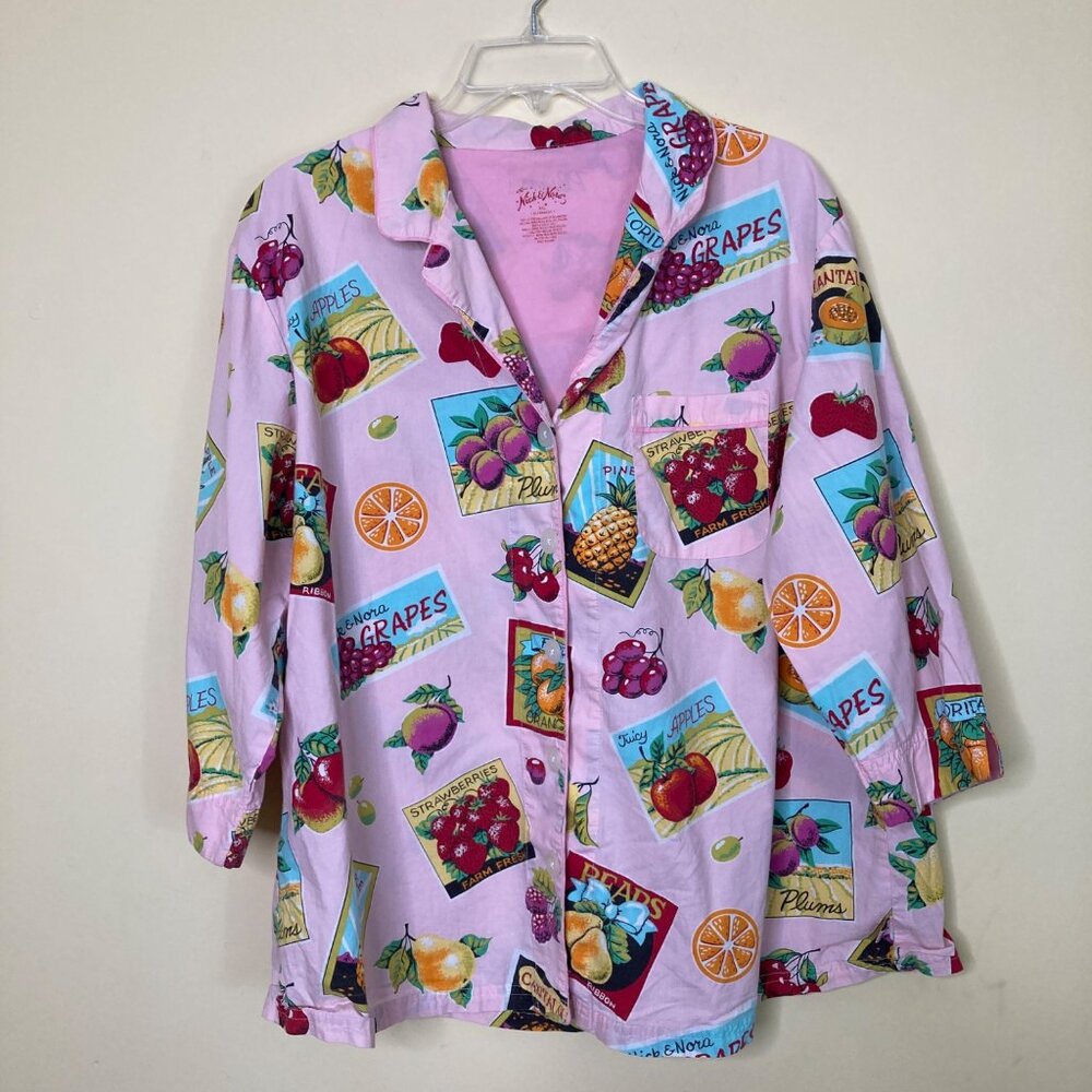 Nick & Nora XXL Pink Fruit Print 100% Cotton Button-Up Sleepwear Top Only